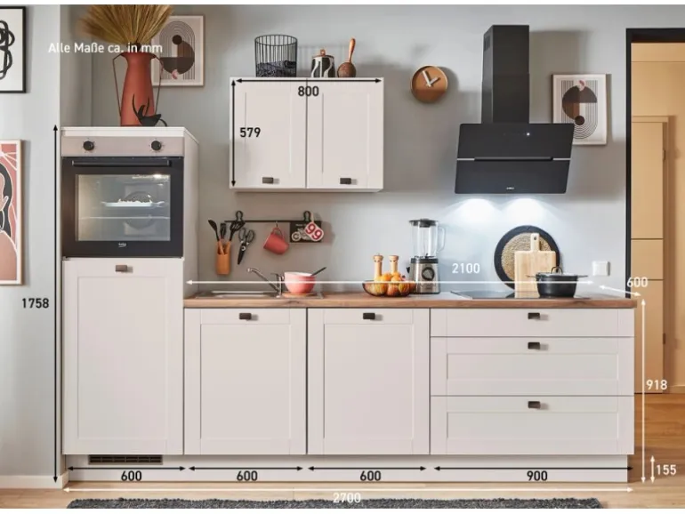 pino Küchenzeile 270 cm Kaschmirgrau Matt Anschlag links 1 Geräteschrank