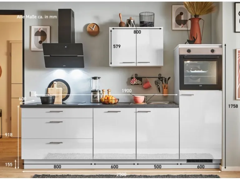 pino Küchenzeile 250 cm Lichtgrau Hochglanz Anschlag rechts 1 Geräteschrank