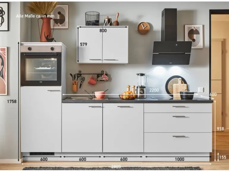 pino Küchenzeile 280 cm Lichtgrau Anschlag links 1 Geräteschrank