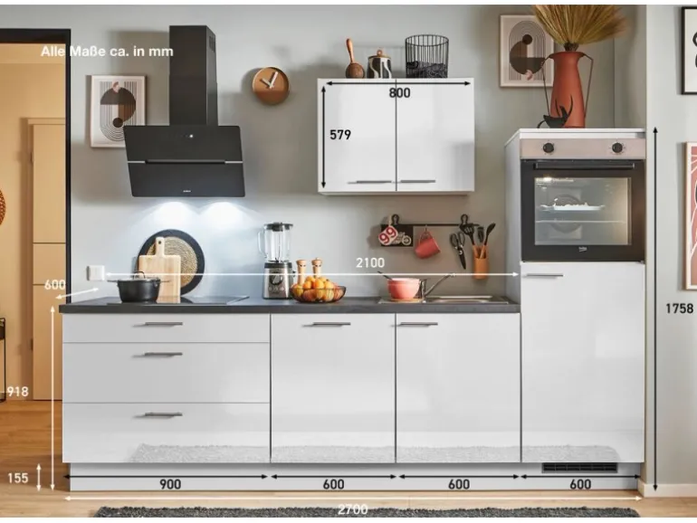 pino Küchenzeile 270 cm Lichtgrau Hochglanz Anschlag rechts 1 Geräteschrank