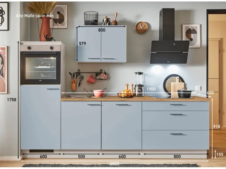 pino Küchenzeile 250 cm Pastellblau Anschlag links 1 Geräteschrank