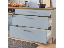 pino Küchenzeile 370 cm Pastellblau Anschlag links 1 Geräte-, 1 Apothekerschrank