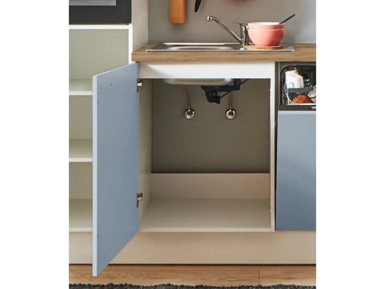 pino Küchenzeile 370 cm Pastellblau Anschlag links 1 Geräte-, 1 Apothekerschrank