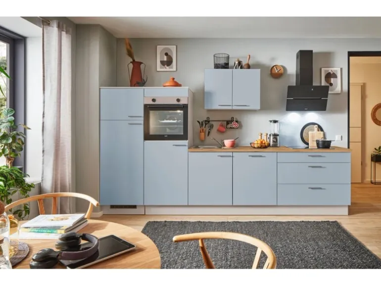pino Küchenzeile 310 cm Pastellblau Anschlag links 2 Geräteschränke