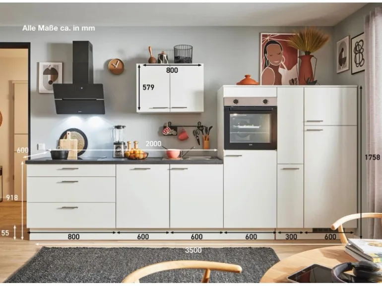 pino Küchenzeile 350 cm Weiß Anschlag rechts 1 Geräte-, 1 Apothekerschrank