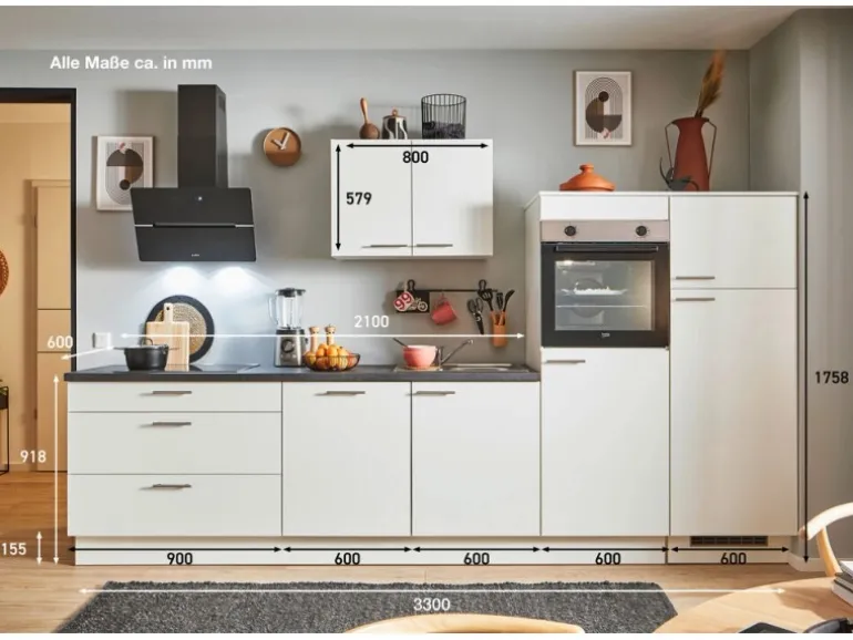 pino Küchenzeile 330 cm Weiß Anschlag rechts 2 Geräteschränke