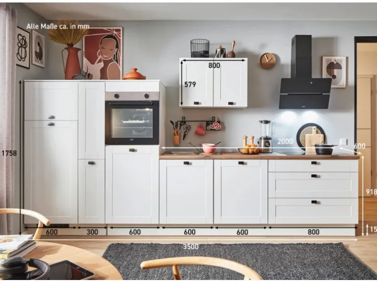 pino Küchenzeile 350 cm Weiß matt Anschlag links 1 Geräte-, 1 Apothekerschrank