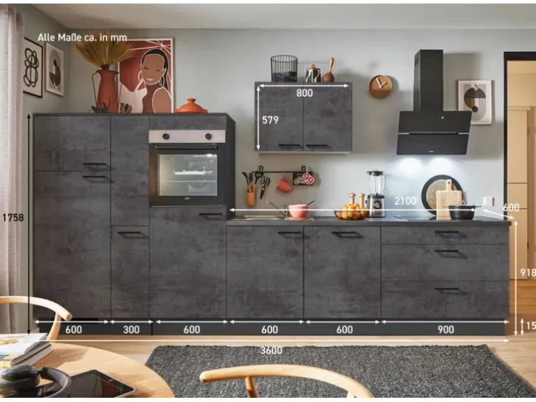 pino Küchenzeile 360cm Beton Grafitgrau Anschlag L 1Geräte-, 1 Apothekerschrank