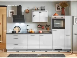 pino Küchenzeile 310cm Lichtgrau Hochglanz Anschlag R 1Geräte-,1Apothekerschrank