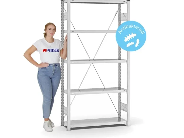 PROREGAL Antibakterielles Fachbodenregal Stecksystem T-Profil HxBxT 200 x 100 x 30 cm 5 Ebenen Traglast 150 kg Antibakterielle Beschichtung Weiß