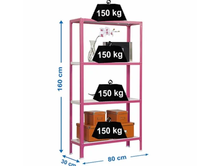 PROREGAL Wohnregal Living Koala Metal mit 4 Fachböden HxBxT 160 x 80 x 30 cm Fachlast 150 kg Rosa/Weiß