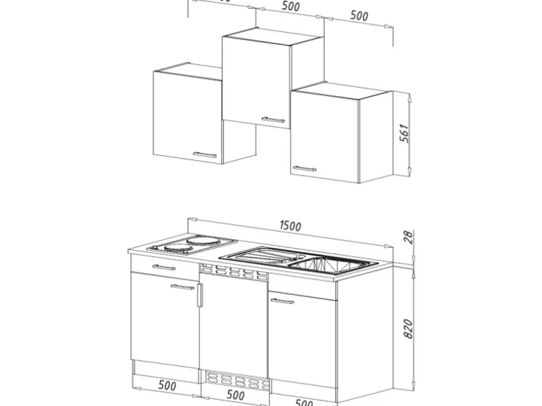 Respekta Economy Küchenzeile 150 cm Weiß-Eiche Sägerau Nachbildung