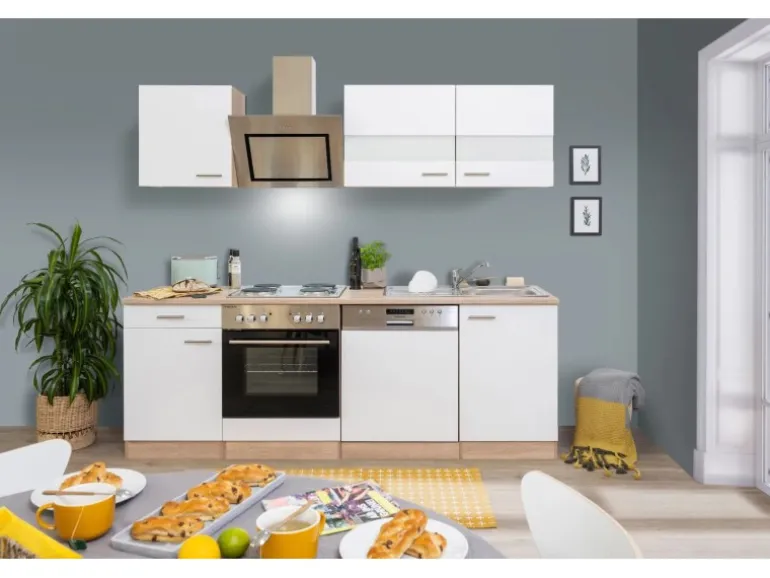 Respekta Economy Küchenzeile KB220ESWS 220 cm Weiß-Eiche Sägerau