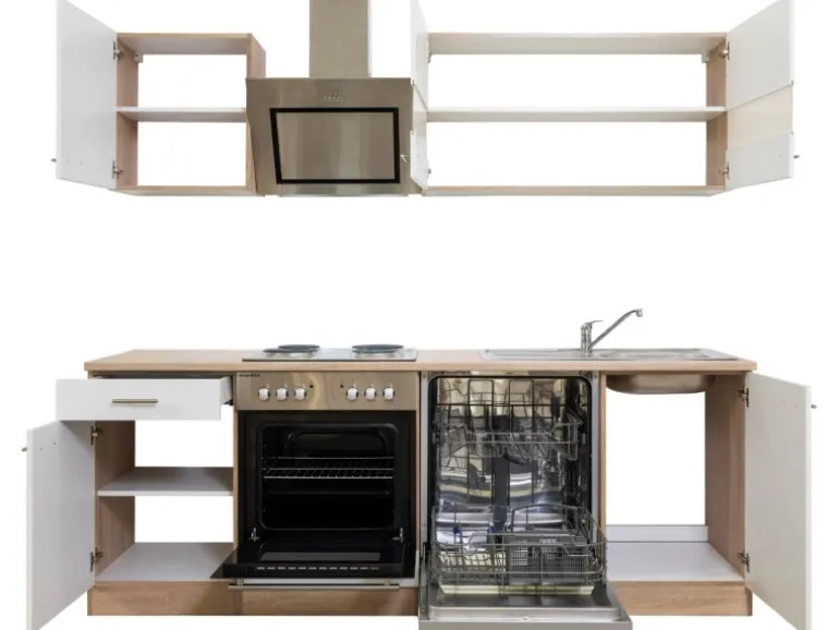 Respekta Economy Küchenzeile KB220ESWS 220 cm Weiß-Eiche Sägerau
