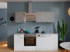 Respekta Economy Küchenzeile KB220WWBSC 220 cm Weiß-Beton Optik