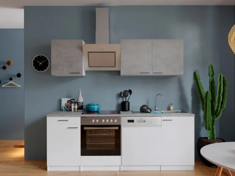 Respekta Economy Küchenzeile KB220WWBSC 220 cm Weiß-Beton Optik
