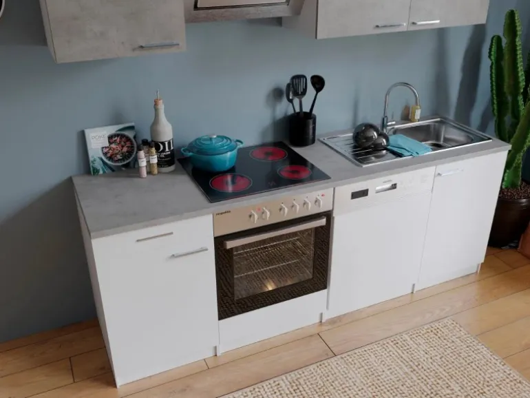 Respekta Economy Küchenzeile KB220WWBSC 220 cm Weiß-Beton Optik