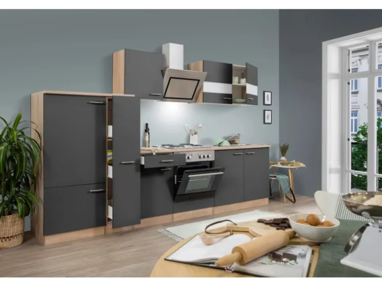 Respekta Economy Küchenzeile KB300ESGS 300 cm Grau-Eiche Sägerau