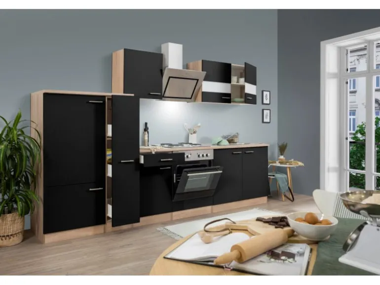 Respekta Economy Küchenzeile KB300ESSS 300 cm Schwarz-Eiche Sägerau