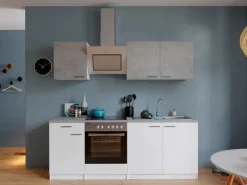 Respekta Economy Küchenzeile KB210WWBSC 210 cm Weiß-Beton Optik