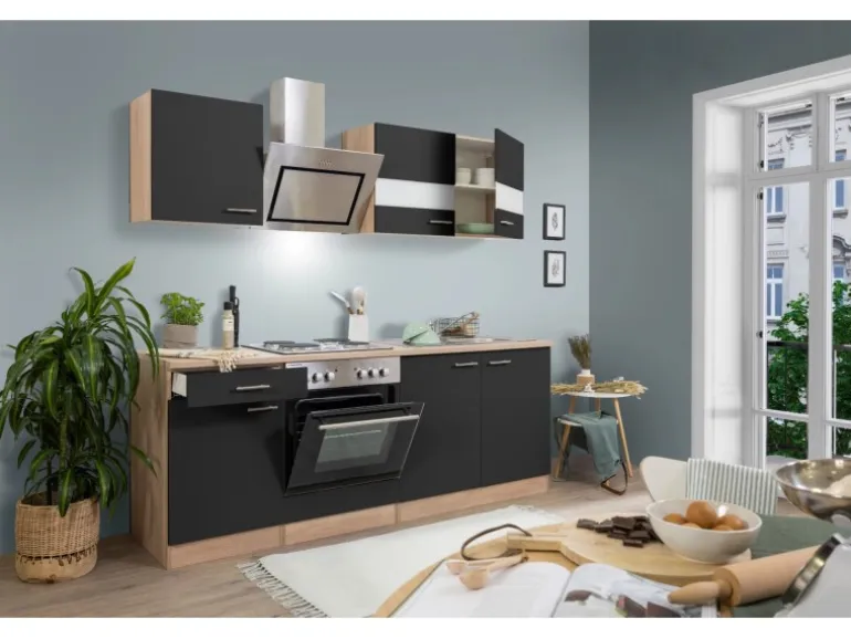 Respekta Economy Küchenzeile KB210ESSS 210 cm Schwarz-Eiche Sägerau