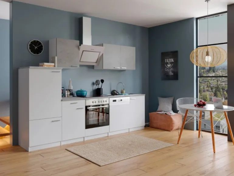 Respekta Economy Küchenzeile KB280WWBSC 280 cm Weiß-Beton Optik