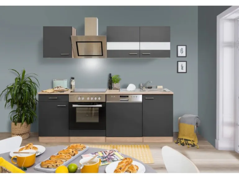 Respekta Economy Küchenzeile KB220ESGSC 220 cm Grau-Eiche Sägerau Glänzend