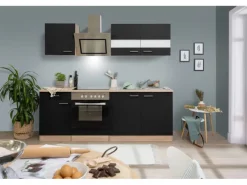 Respekta Economy Küchenzeile KB210ESSSC 210 cm Schwarz-Eiche Sägerau