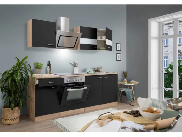 Respekta Economy Küchenzeile KB210ESSSC 210 cm Schwarz-Eiche Sägerau