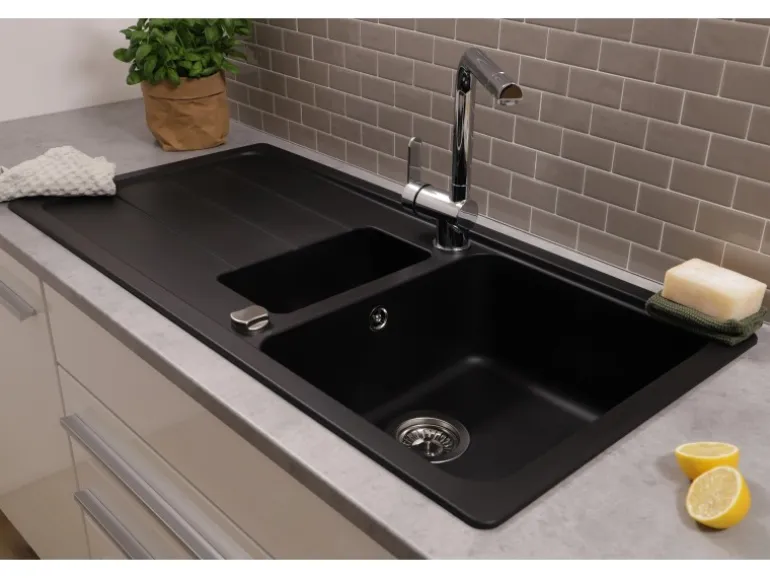 Respekta Einbauspüle Massivgranit Austin 100 cm x 50 cm mit Zusatzbecken Schwarz