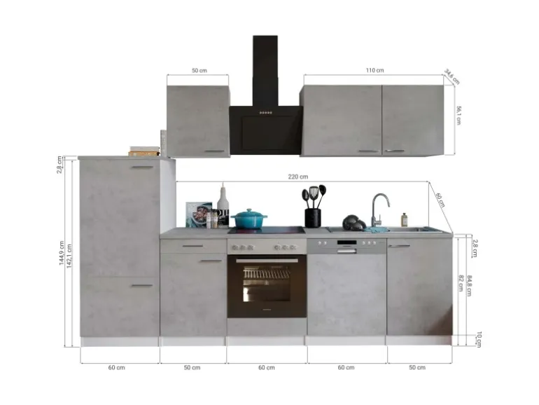 Respekta Küchenblock Malia mit E-Geräten 280 cm Beton Fronten
