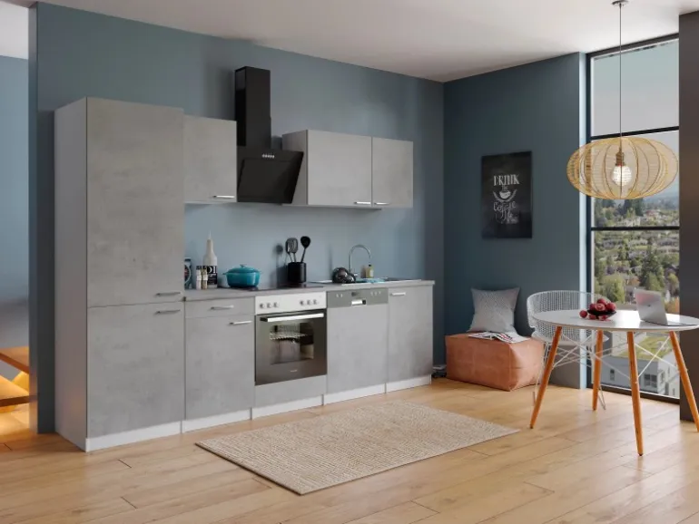 Respekta Küchenblock Malia 280 cm Beton Fronten inkl. Kühl-/ Gefrierkombination
