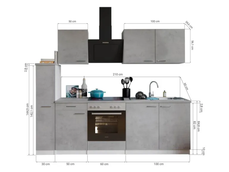 Respekta Küchenblock Malia mit E-Geräten 240 cm Beton Fronten