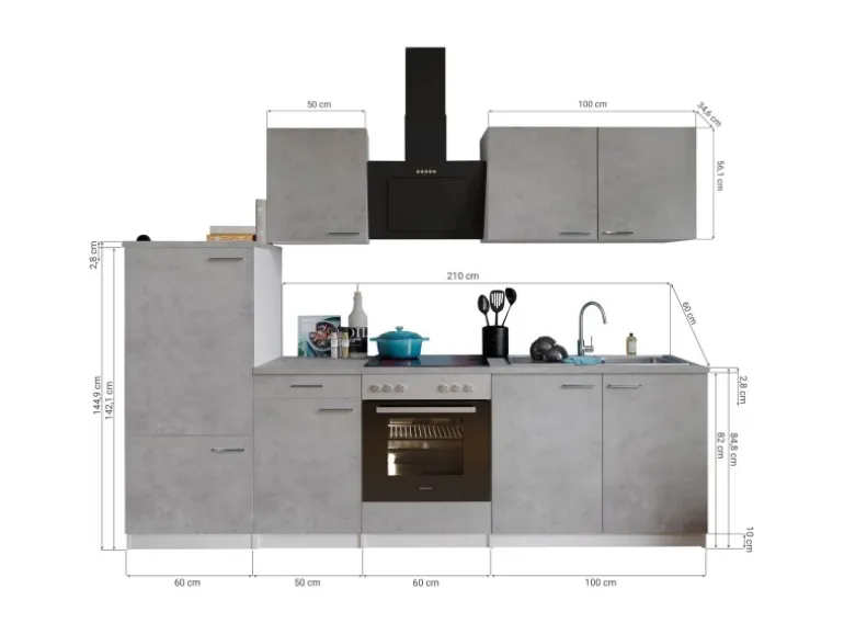 Respekta Küchenblock Malia mit E-Geräten 270 cm Beton Fronten