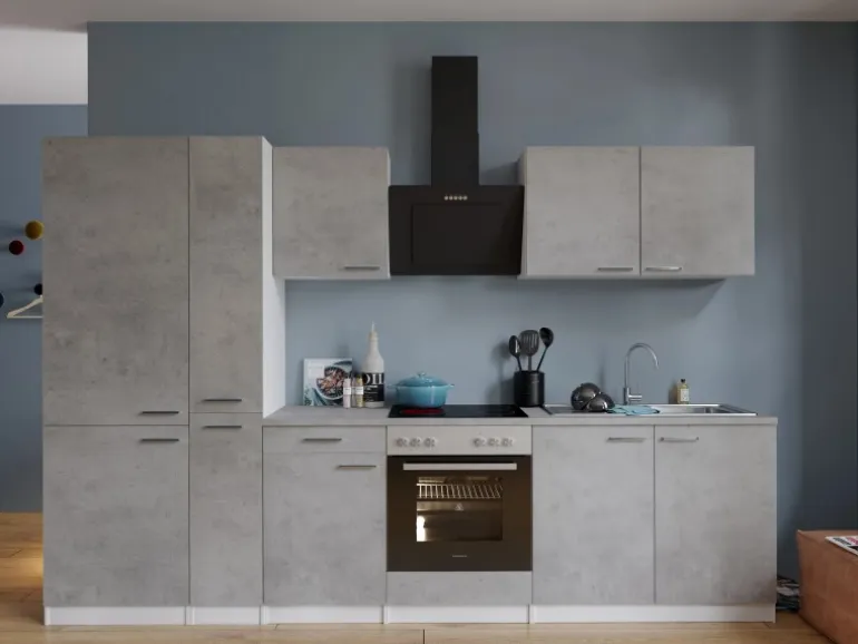 Respekta Küchenblock Malia 300 cm Beton Fronten inkl. Kühl-/ Gefrierkombination
