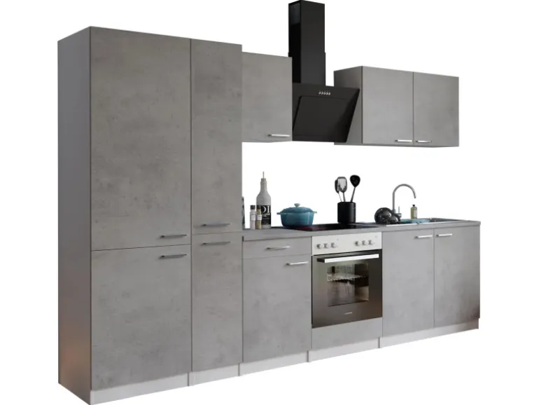 Respekta Küchenblock Malia 300 cm Beton Fronten inkl. Kühl-/ Gefrierkombination