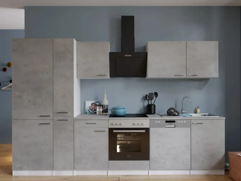 Respekta Küchenblock Malia 310 cm Beton Fronten inkl. Kühl-/ Gefrierkombination