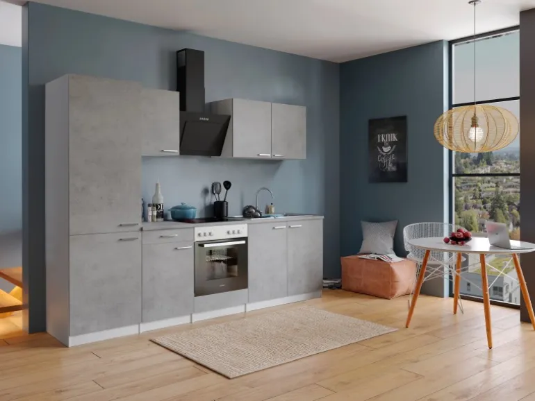 Respekta Küchenblock Malia 270 cm Beton Fronten inkl. Kühl-/ Gefrierkombination