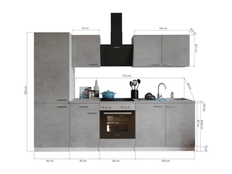 Respekta Küchenblock Malia 270 cm Beton Fronten inkl. Kühl-/ Gefrierkombination