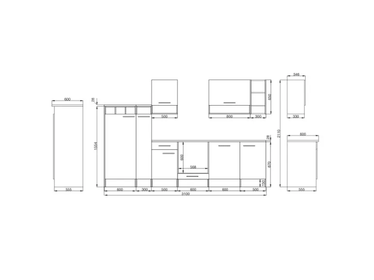 Respekta Küchenzeile 310 cm Grau-Wildeiche Nachbildung