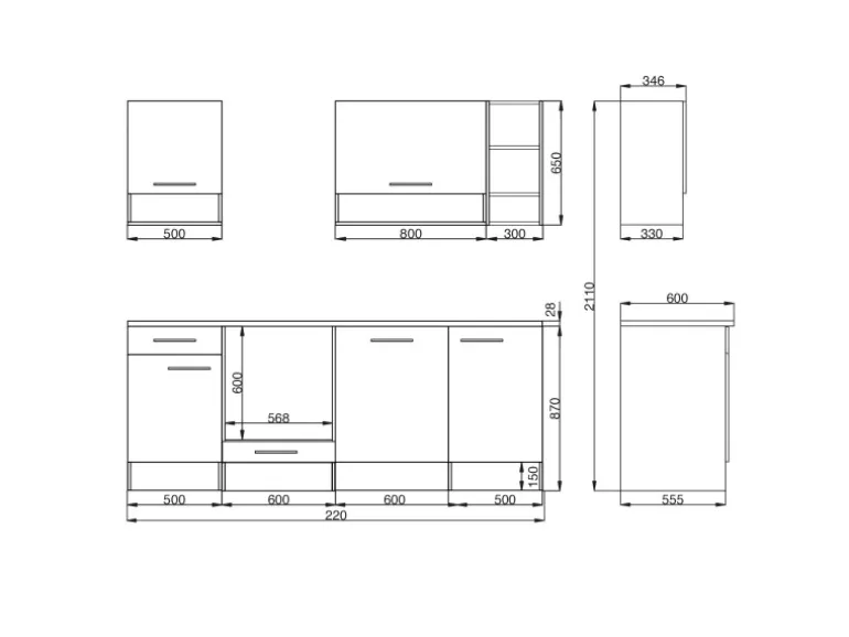 Respekta Küchenzeile 220 cm Grau-Wildeiche Nachbildung matt