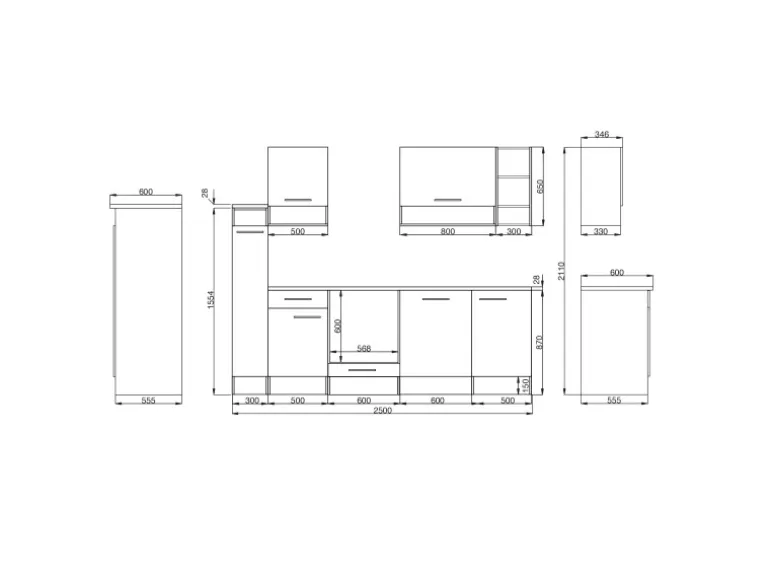 Respekta Küchenzeile 250 cm Grau-Wildeiche Nachbildung