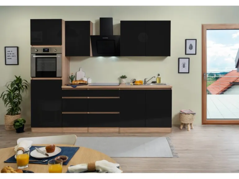 Respekta Küchenzeile GLRP270HESS Grifflos 270 cm Schwarz Hochglanz-Sonoma Eiche