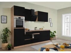 Respekta Küchenzeile GLRP270HESS Grifflos 270 cm Schwarz Hochglanz-Sonoma Eiche
