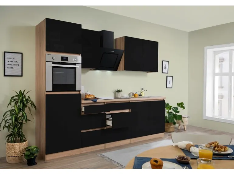 Respekta Küchenzeile GLRP270HESS Grifflos 270 cm Schwarz Hochglanz-Sonoma Eiche