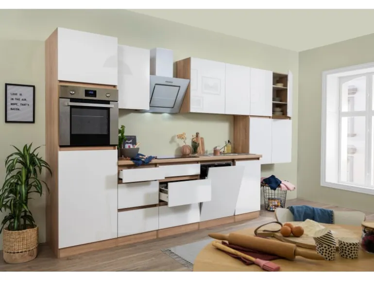 Respekta Küchenzeile GLRP380HESW Grifflos 380 cm Weiß Hochglanz-Sonoma Eiche
