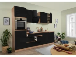 Respekta Küchenzeile GLRP280HESS Grifflos 280 cm Schwarz Hochglanz-Sonoma Eiche