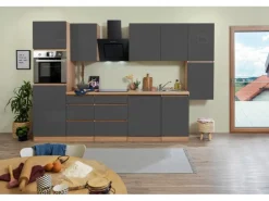 Respekta Küchenzeile GLRP330HESG Grifflos 330 cm Grau Hochglanz-Sonoma Eiche