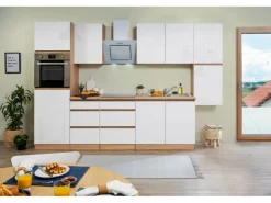 Respekta Küchenzeile GLRP320HESW Grifflos 320 cm Weiß Hochglanz-Sonoma Eiche
