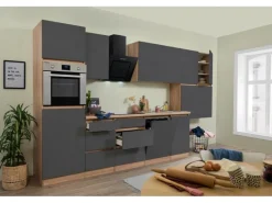Respekta Küchenzeile GLRP380HESG Grifflos 380 cm Grau Hochglanz-Sonoma Eiche